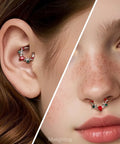 Model wearing Bold 16G Christmas Themed Septum Ring Green And Red Stainless Steel 316L V Shaped Teardrop Daith Clicker