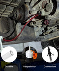 Heavy Duty Transmission Fluid Transfer Pump Kit Featuring Extended Clear Hose And Swivel Tip For Hassle Free Differential Gear Oil Change On Hot Rods Trucks And Marine Rigs Zero Sweat Design White, showing hose in use on a vehicle.