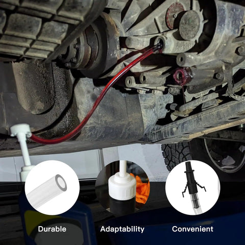 Heavy Duty Transmission Fluid Transfer Pump Kit Featuring Extended Clear Hose And Swivel Tip For Hassle Free Differential Gear Oil Change On Hot Rods Trucks And Marine Rigs Zero Sweat Design White, showing hose in use on a vehicle.