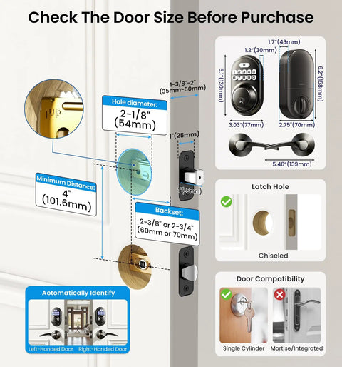 Image showing installation details for Keyless Entry Door Lock With 2 Lever Handles Electronic Keypad Deadbolt Auto Lock Backlit For Easy Installation Matte Black Front Door Handle Set Anti Peep Security With 20 Permanent PIN Codes And One Time Codes.
