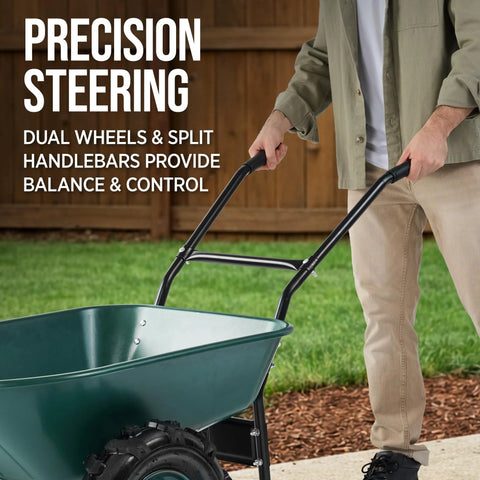 Heavy Duty Dual Wheel Wheelbarrow Garden Cart With 500 Pound Capacity being pushed on lawn for yard work