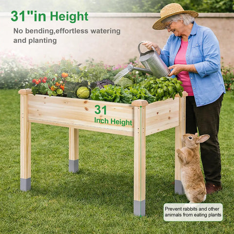 Heavy Duty Raised Garden Bed On Legs 331 Lb Capacity 48 By 24 By 31 Inches Large Planter Box For Vegetables Flowers And Herbs Fir Wood With Reinforced Beam And Column Support Outdoor Garden Bed For Easy Harvest in use, elderly person watering plants