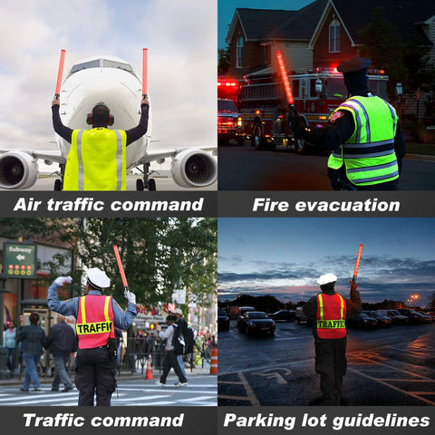 Four diverse uses of 10 Pack 21 Inch Lit LED Traffic Safety Wand With 3 Flashing Modes: airfield, fire scene, traffic and parking guides.