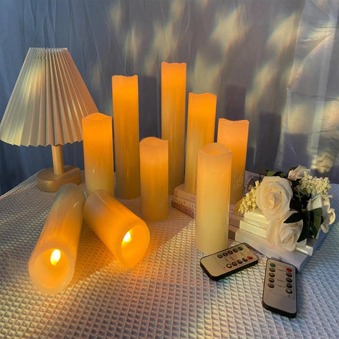 Flameless Battery Operated LED Pillar Candles Set Of Nine With Remote And 24 Hour Timer Ivory Real Wax Look Flickering Glow