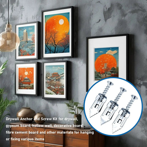 Self Drilling Drywall Anchors And Screws Kit With Six Size Options In Silver, displayed with framed wall art