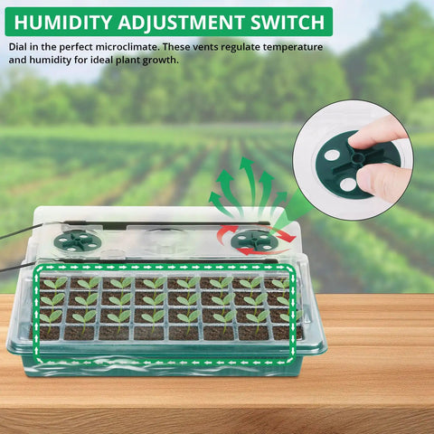 Seed Starter Tray With Grow Light Kit 80 Cells Humidity Dome showing vent adjustment for seedling growth indoors.
