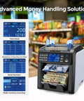 Mixed Denomination Money Counter with Two Pocket Design in a retail store setting