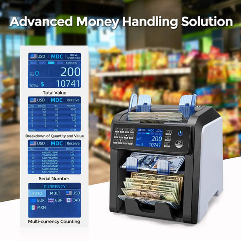 Mixed Denomination Money Counter with Two Pocket Design in a retail store setting