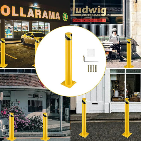 Keep Your Spot Secure With Rock Solid 42 Inch Steel Safety Bollards 4.5 Inch Diameter High Visibility Yellow Parking Barrier Posts in various locations.