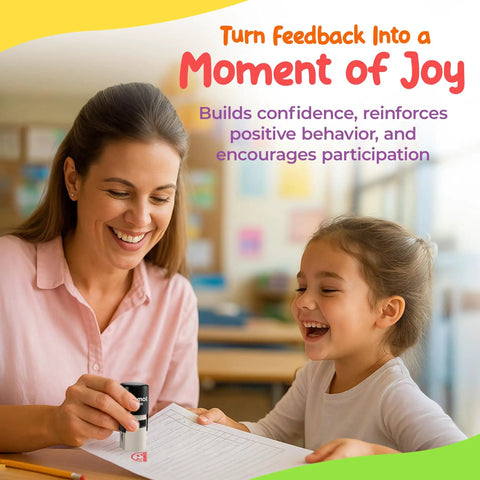 Teacher using Self Inking Teacher Stamps For Quick Grading And Feedback Round Rubber Stamp with smiling student