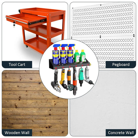 Multipurpose Wall Mounted Spray Can And Air Tool Organizer Rack With Five Can Slots And Six Tool Holders for garage