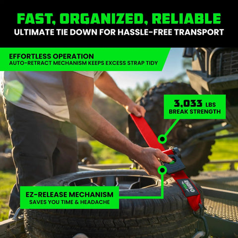 Kickass Retractable Ratchet Straps 2-Pack Cam Lock Tie Down 2 In X 10 Ft 3300 Lb Shock Absorbing Coil securing a tire on a truck.