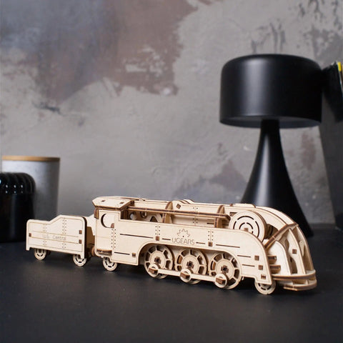 Mini Locomotive 3D Puzzle For Adults Hands On Wooden Train Model Kit Rubber Band Powered Mechanical Puzzle With 172 Pieces Easy DIY Craft Project For Home Workshop And Train Enthusiasts Pure Fun, wooden side view