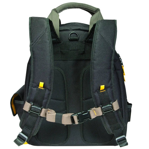 Back view of black L255 Tech Gear Lighted Backpack With 53 Pockets Built In LED Light With Three Brightness Settings, rugged straps