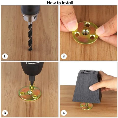 Four-step installation of the Eight Pack Four Inch Plastic Square Tapered Furniture Legs With M8 T Nuts And Screws Black.