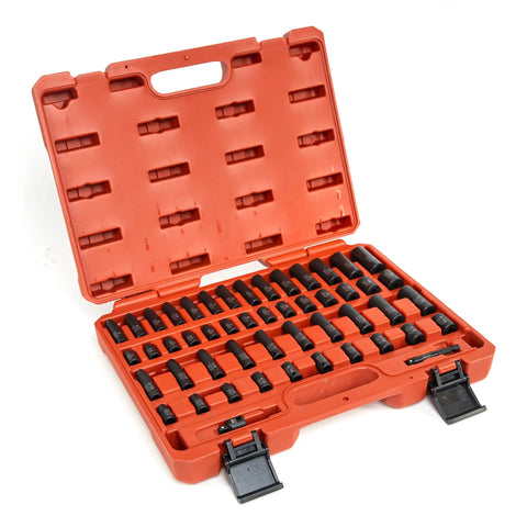 Open case of One Quarter Inch Drive Impact Socket Set 50 Piece Metric And Standard Deep And Shallow Sockets Chrome Vanadium Steel