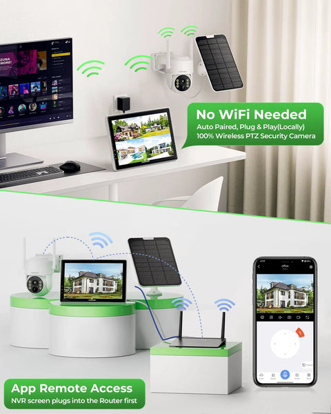 Solar Wireless Security Camera System With 10 Inch Monitor Outdoor Surveillance Kit 4 Cameras battery powered and solar charged display setup