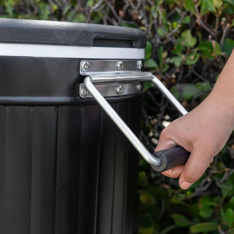 Close-up of 120-Qt Rolling Ice Chest Cooler Cart With Wheels And Drink Dividers, Portable handle being held, Black color.