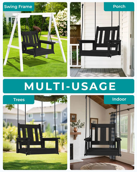 HDPE Single Porch Swing For Outdoors Heavy Duty One Person Adirondack Chair With Durable Polypropylene Ropes Black Cozy