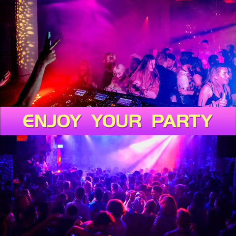 Party scene with DJ, crowd dancing under colorful lights, using 2 Pack 100W IP66 Waterproof Black Light Flood Lights for neon effects.