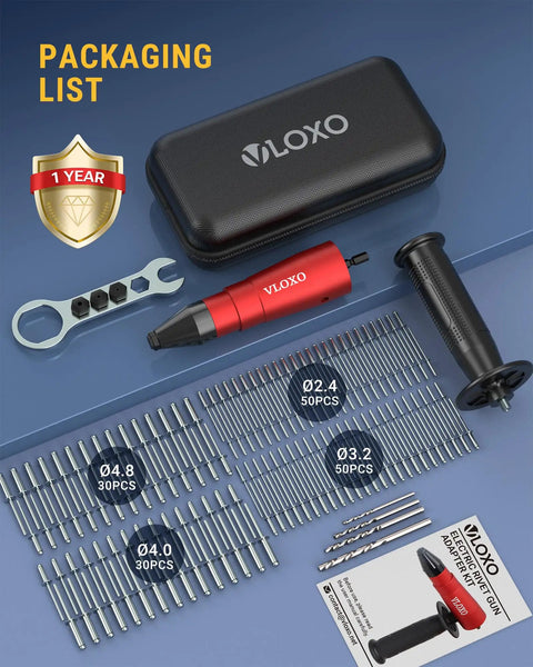 Top Shelf Rivet Gun Adapter Kit with red rivet gun, aluminum case, drill bits, and various sizes of rivets laid out.