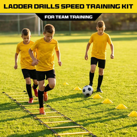 Kids using Two Pack 20ft Agility Ladder Set For Parallel Footwork Drills, 40ft Total Speed Ladders With 12 Cones on soccer field
