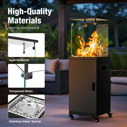 Side view of 41,000 BTU Propane Patio Heater with Lockable Wheels, stainless steel burner, tempered glass, and heat reflector.