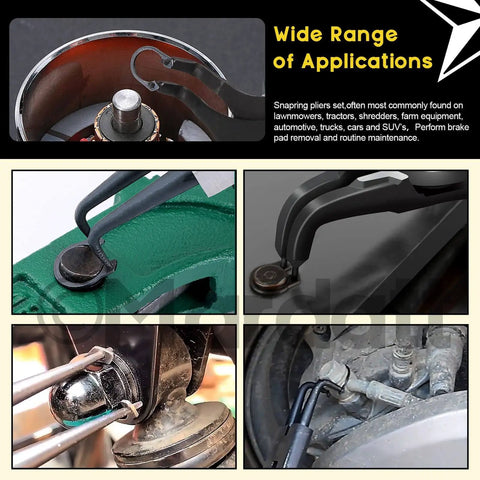 225 Piece Snap Ring Pliers Kit With Straight And Bent Retaining Ring Pliers shown used on various equipment