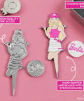Barbie Chasing Birdies Golf Divot Tool And Ball Marker Set Magnetic Hat Clip Tin Gift with painted Barbie figure and ball marker.
