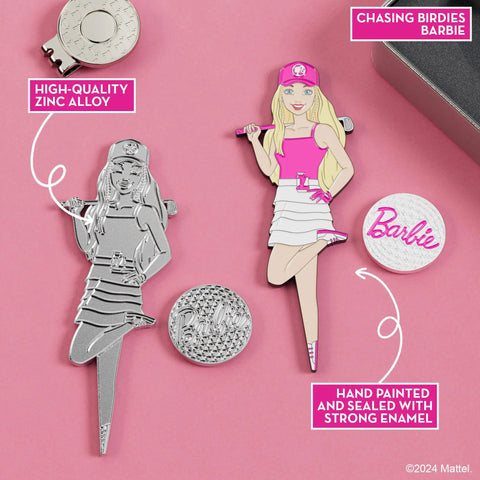Barbie Chasing Birdies Golf Divot Tool And Ball Marker Set Magnetic Hat Clip Tin Gift with painted Barbie figure and ball marker.