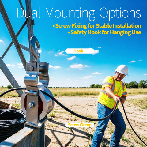 Beefy Heavy Duty Cable Pulley with Dual Mounting Options for Wire Pulling and 1500MCM Cables, utility worker operating outdoors