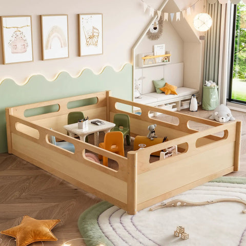 Full Size Floor Platform Bed For Toddlers With Full Length Guardrails On Three Sides Keeps Kiddo Sleepers Safe From Rolling Off Low Profile