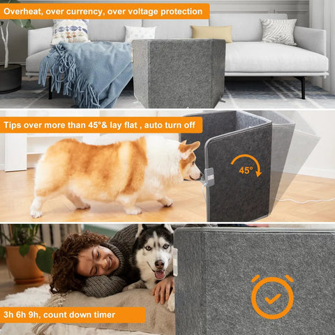 Foldable Leg Warmer With Soft Blanket Under Desk Heater 235W Personal Space Heater shown in different scenarios with safety features.