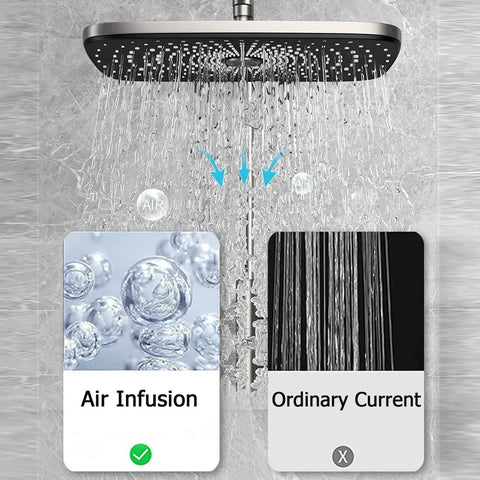 CUTPOIY Thermostatic Shower System features air infusion versus ordinary water current displayed next to shower head.