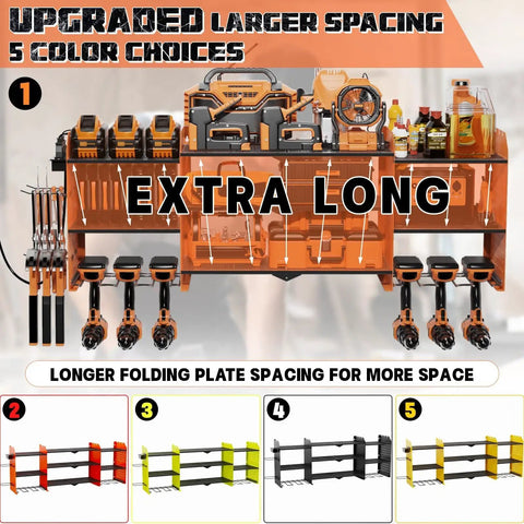 Tough As Nails Power Tool Organizer Wall Mount With Charging Station, 3 Layer Racks, 8 Cordless Drill Holders, 4 Hooks