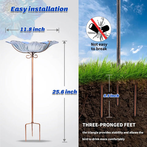 Dimensions of Glass Flower Pattern Bird Bath With Metal Stake For Outdoor Garden Yard Lawn Decor Blue Glass Bird Feeder Bowl shown