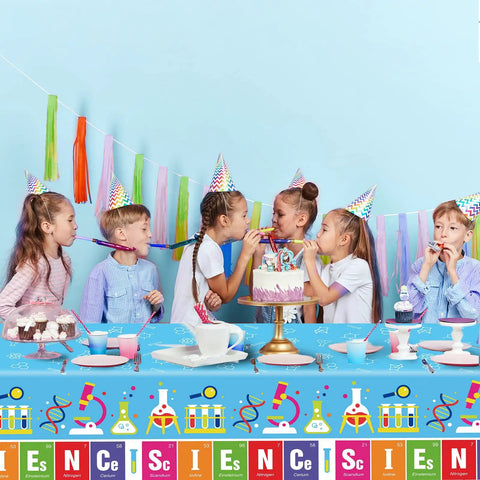 Set Of 3 Lit Science Tablecloths For Kids Party Lab Theme Decorations With Colorful Test Tubes Microscope And Molecule Graphics 108 By 51 Inch Table Covers