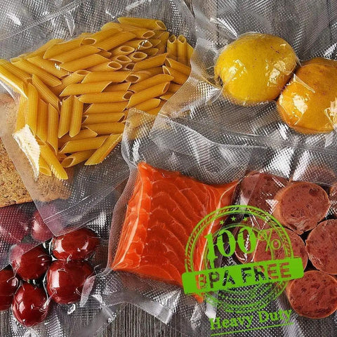 Heavy Duty Commercial Vacuum Sealer Bags Rolls 11 By 20 Inch Three Rolls And 8 By 20 Inch Three Rolls BPA Free Food Saver with food inside