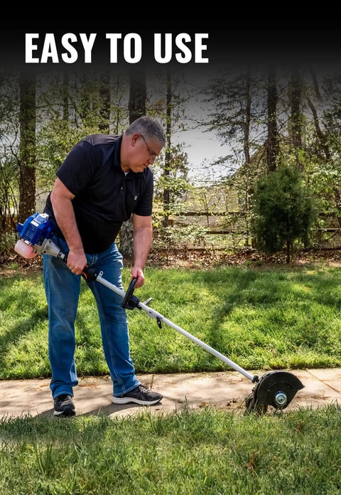 Man using 8.75 Inch Lawn Edger Attachment With Tool Free Depth Adjustment in garden, creating precise yard edge, durable gray tool.