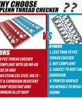 Comparison of HLPLENN Thread Checker in red and blue with features vs a less than 70 pcs checker highlighting differences