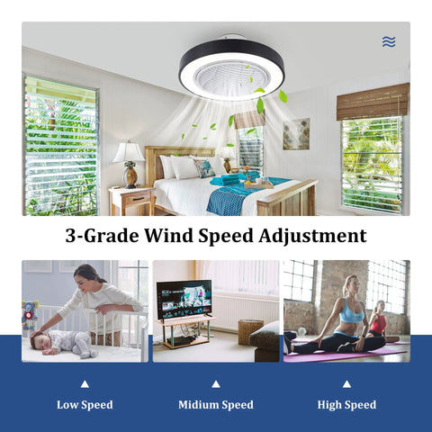 20 Inch Black Ceiling Fan With Light, Low Profile Flush Mount, Remote Control, 3-Color Dimmable Light, 3-Speed Wind, Dope Energy Saving Ceiling Fan For Bedroom And Living Room
