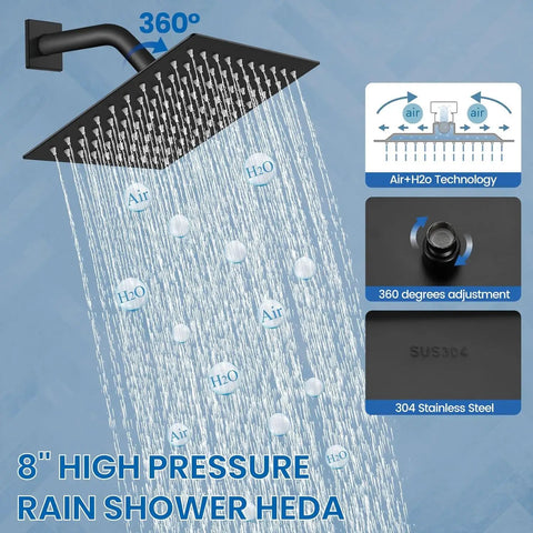 Top Shelf 8 Inch Square Rainfall Shower Head And Matte Black Faucet Set With Tub Spout, Wall Mount Bath Kit Featuring Built Right Design And Easy Swap Fit