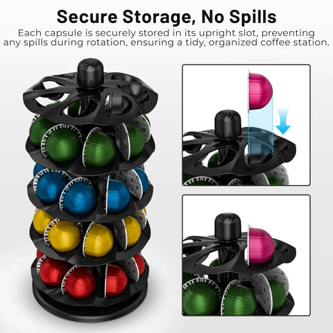 40 Pod Vertuo Capsule Carousel Organizer For Coffee Pods, Rotating Countertop Display With Slick Spin, Upright Secure Slots