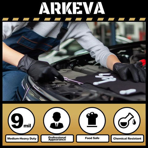 ARKEVA black nitrile disposable gloves, 9 mil, textured surface, size large