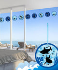 24 Pack Summer Shark Crafts Kit With Tissue Paper Suncatchers hanging as window decor with ocean view