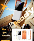 Portable Charger Power Bank With Built In Cable 15000mAh 22.5W for iPhone and more, dimensions shown, beige background