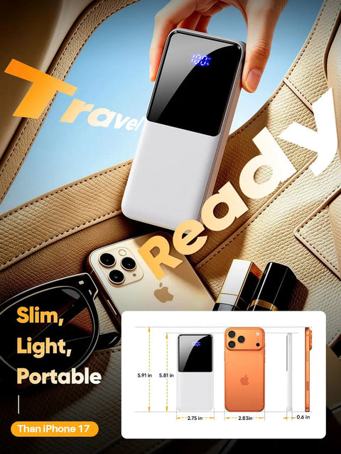 Portable Charger Power Bank With Built In Cable 15000mAh 22.5W for iPhone and more, dimensions shown, beige background