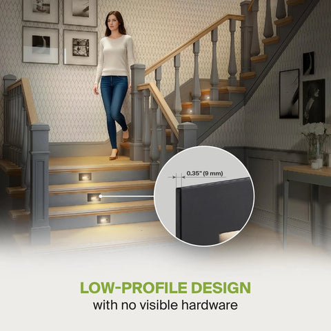 Woman walking on stairs illuminated by LED Recessed Step Light for Outdoor and Indoor Stairs 3CCT Dimmable Waterproof ETL Listed 3W 120LM 120V