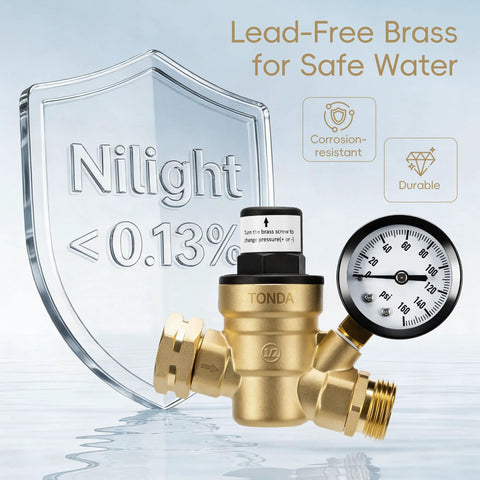 TONDA RV water pressure regulator, brass lead-free with gauge and adjustable setting