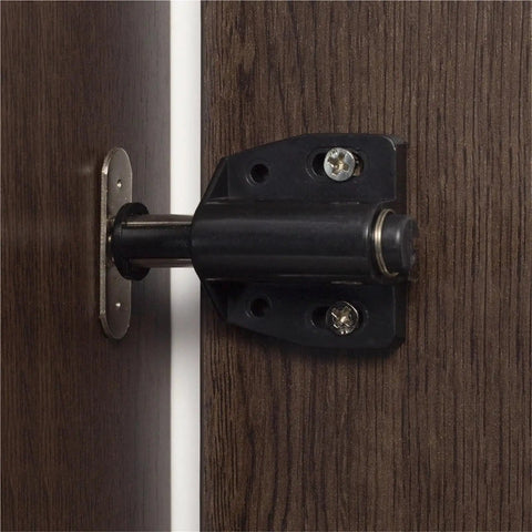 Magnetic Door Latch Kit For Cabinets And Furniture, Easy Open Touch Latch with black mount on dark wood surface